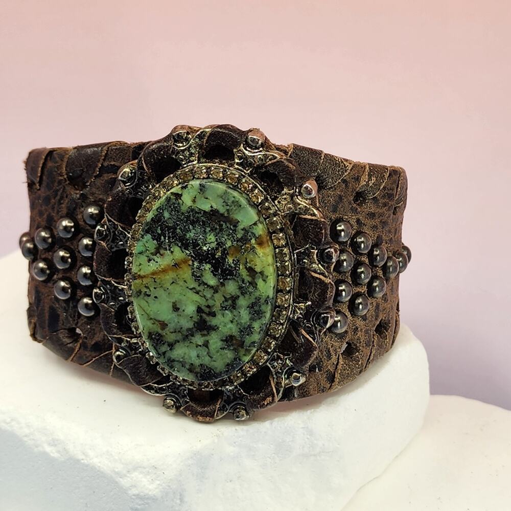 Leatherock USA Green Stone Brown Leather Cuff Bracelet Rhinestone Boho Statement